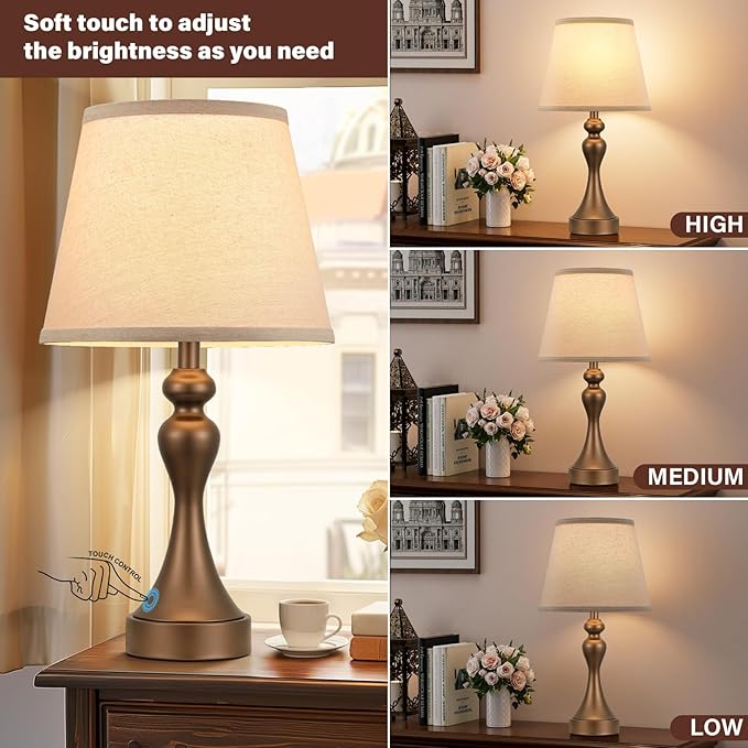 Touch Lamps for Nightstand, 3 Way Dimmable Bedside Lamps with USB C+A Ports | Touch Control, LED Bulb Included, Small Brown Table Lamp for Bedroom, Night Stands, End Table, Gift，Corded，Oat Shade - Image 2
