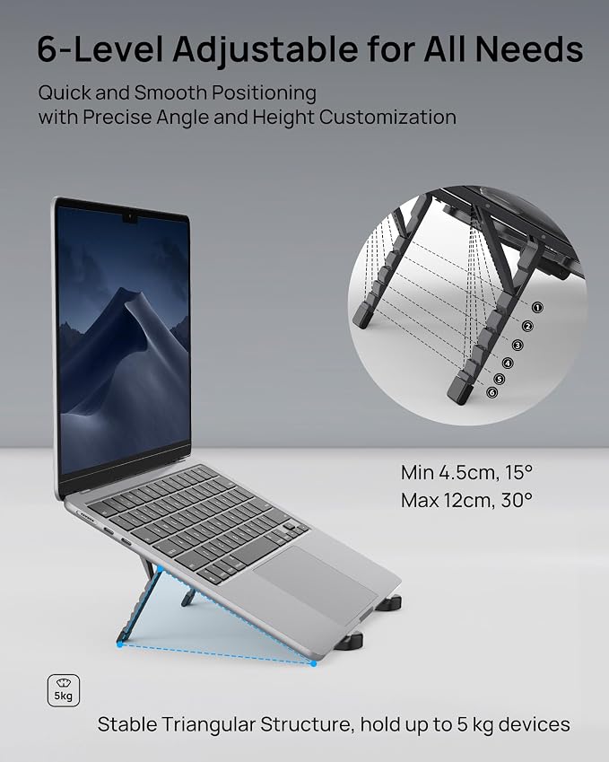 Ultra Compact Foldable Laptop Stand - Portable Laptop Holder for Desk & Travel Use, Ergonomic Aluminum Computer Holder with Adjustable Height for MacBook, Tablet 10-16" (Dark Black, Bi-Fold) - Image 2