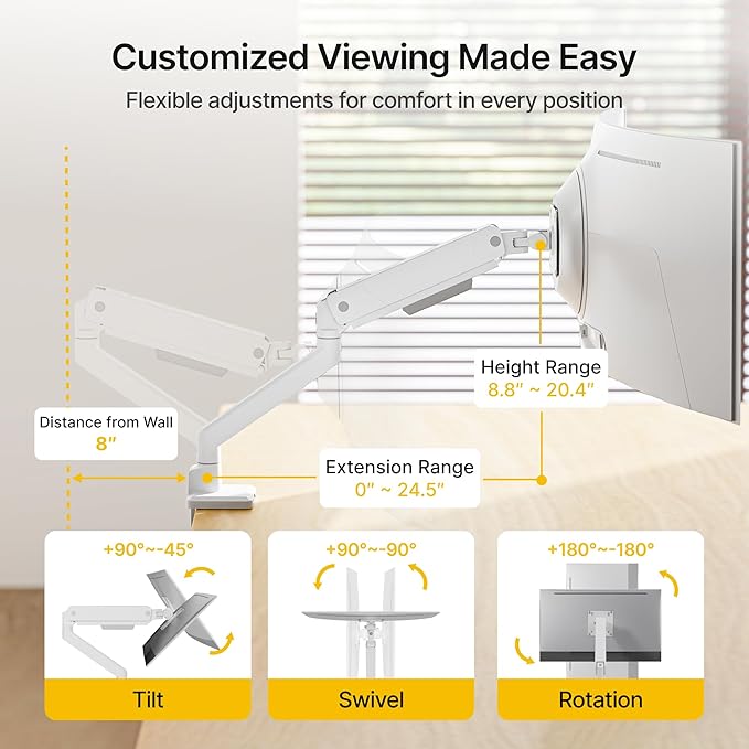 monTEK Single Monitor Arm for Max 45 Inch Ultrawide Screens, Holds 35 Lbs | Adjustable Monitor Desk Mount with C Clamp/Grommet Desk Mount, Cable Management, VESA 75/100mm, White - Image 2