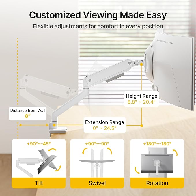 monTEK Single Monitor Arm for Max 45 Inch Ultrawide Screens, Holds 35 Lbs | Adjustable Monitor Desk Mount with C Clamp/Grommet Desk Mount, Cable Management, VESA 75/100mm, White - Image 4