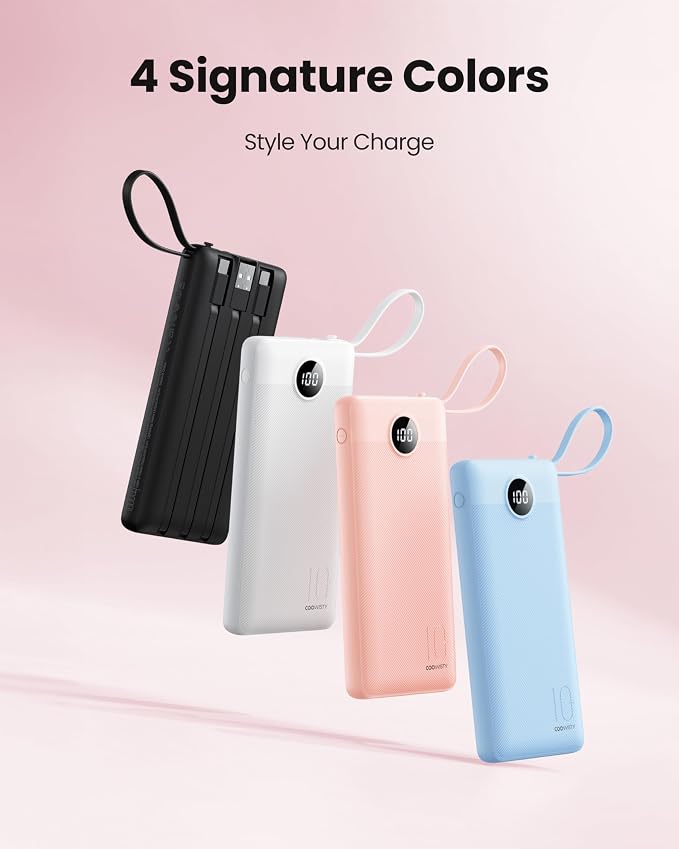 Portable Power Bank, 10000mAh Slim Portable Charger with Built-in Cables, External Battery Pack 5 Outputs 2 Inputs LED Display Compatible with iPhone/Android & More (White) - Image 7