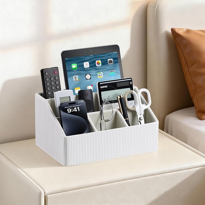 PU Leather Desk Organizer, Remote Control Holder, Ivory | Luxury Nightstand Organizer for Home, Office Desk Accessories, Bedside Table Caddy with 5 Compartments, Velvet Lining - Image 3