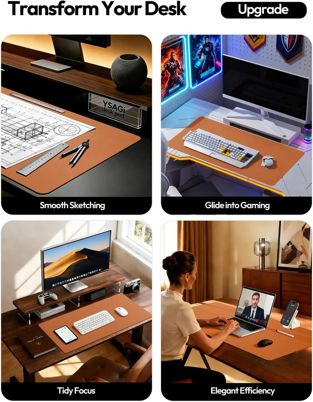YSAGi Leather Desk Protector, Office Mat, Large Mouse Mat, Non-Slip PU Leather Blotter, Laptop Desk Pad, Waterproof Writing Pad for Office and Home (Brown, 47.2" x 23.6") - Image 2