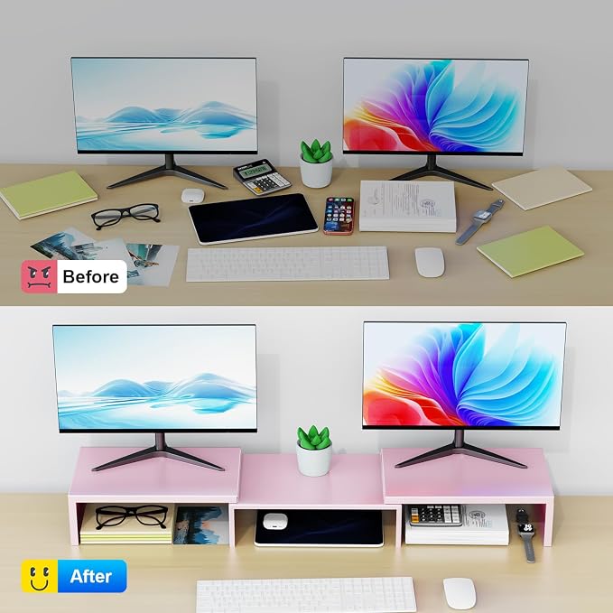 Dual Monitor Stand Riser | Monitor Stand for Desk, Metal Computer Stand, Desk Shelf Riser,Desktop Organizer for Home and Office Use (Pink) - Image 2