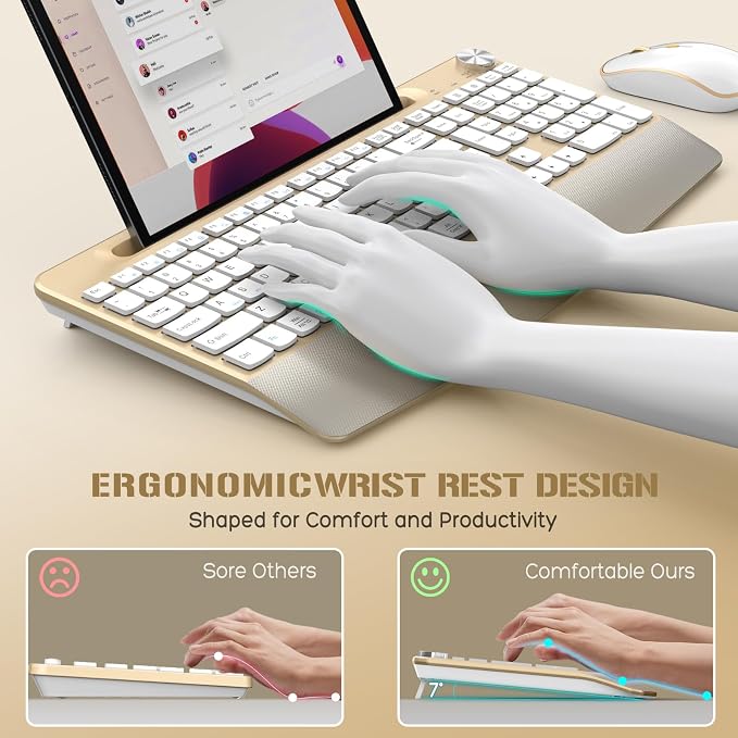 JOYACCESS Ergonomic Wireless Keyboard and Mouse Combo, Full-Sized Keyboard with Wrist Rest and Tablet Holder, Volume Roller for Computer PC Laptop-Gold&White - Image 2