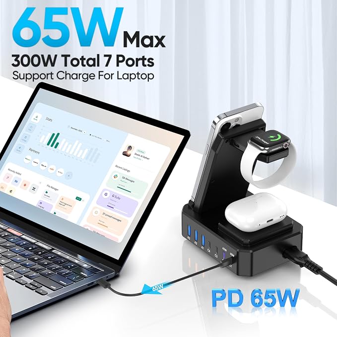300W Charging Station for Multiple Devices Apple,zutspzss Wireless Charger | 10 in 1 USB C 65W PD Fast Charging Stand Dock for iPhone,MacBook,iWatch&Airpods (Wireless Charging Only for Apple) - Image 2