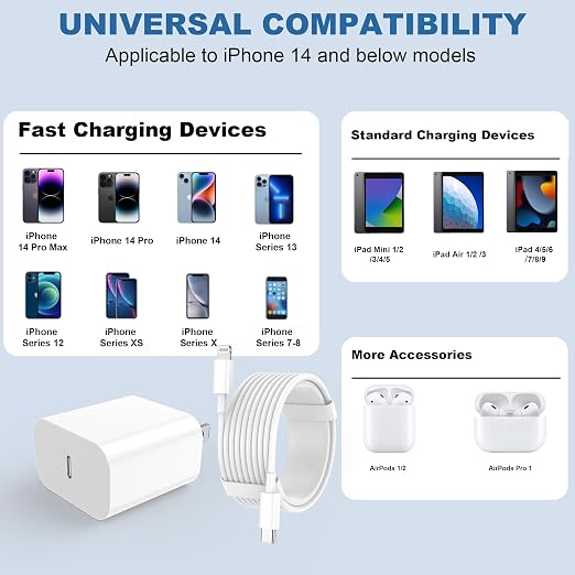 iPhone Charger Fast Charging, USB C Charger Block, 6FT/10FT Lightning Cable | For Apple iPhone 14/13/12/11 Series, 2-Pack 6FT/10FT Long USB C to Lightning Cables, AirPods with Lightning Charging Case - Image 2