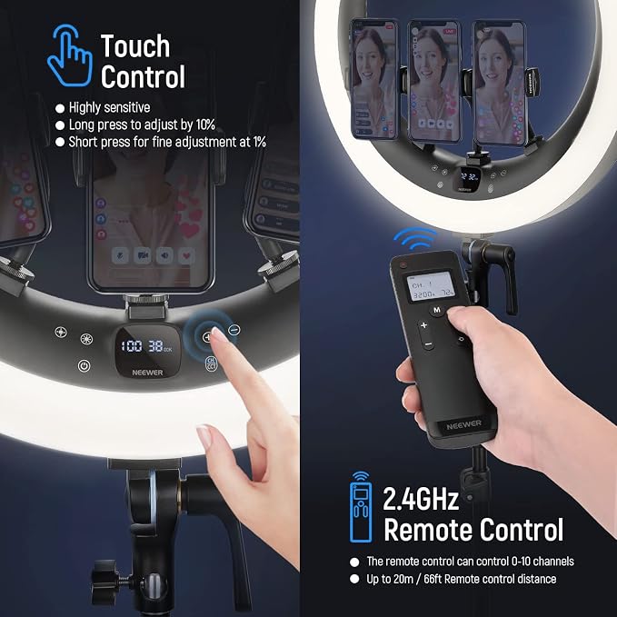 NEEWER Ring Light RP19H 19 Inch with Tripod Stand 3 Phone Holders | Upgraded 2.4G Touch Control, Ringlight for iPhone Video Recording, Streaming, Home Office, Zoom, Selfie, Makeup Lighting - Image 5