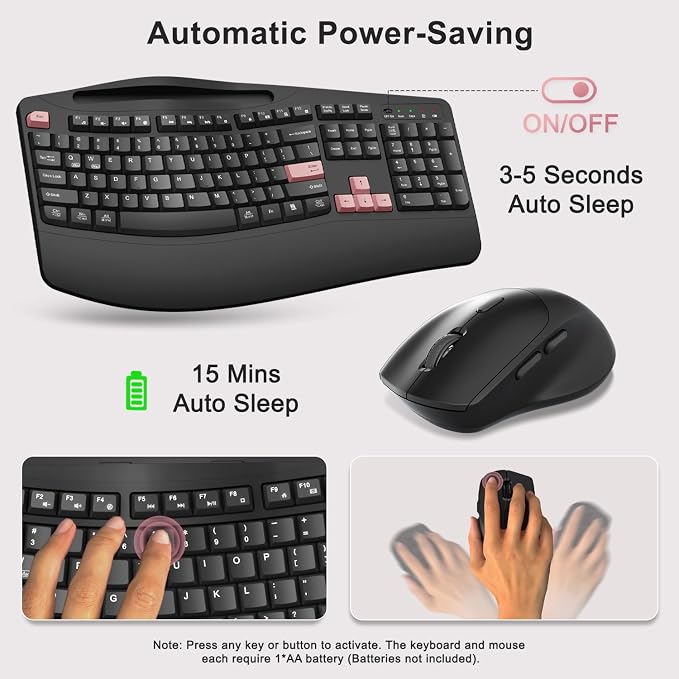 Wireless Keyboard and Mouse Combo, Full Size Ergonomic Wave Keys(Pink-B) | 2.4G Ergonomic Keyboard with Wrist Rest, Phone Holder, 3-Level DPI Silent Mouse with 6-Buttons, for Windows/Mac OS/Laptop/PC - Image 6