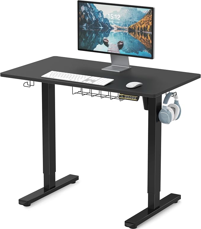 SHW 40 x 22 Electric Height Adjustable Sit to Stand Desk, Black | with Hanging Hooks and Cable Management, Black Frame and Black Top by SHW