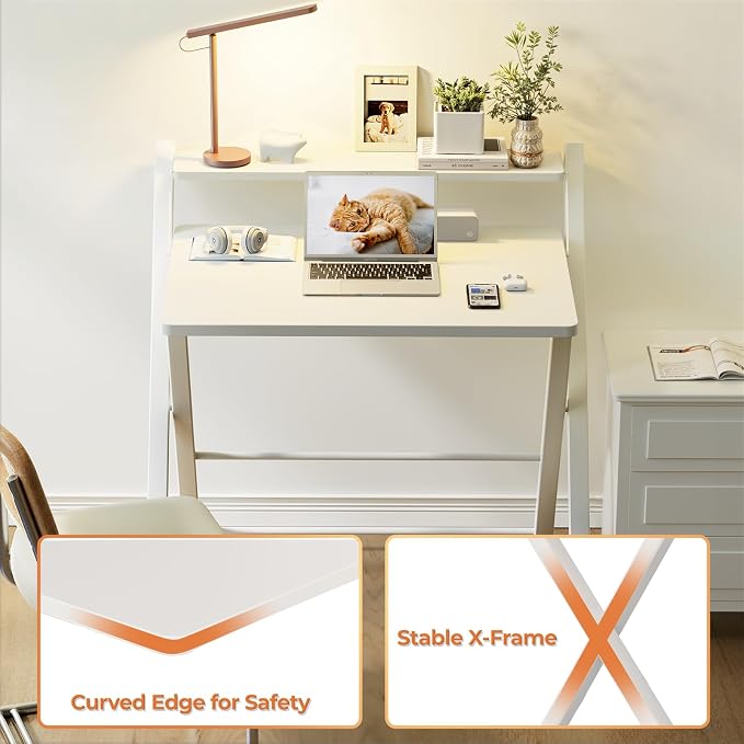 GreenForest Folding Desk No Assembly Required Large Size, 2-Tier Foldable Computer Desk with Shelf for Home Office, Space Saving Portable Laptop Study Foldable Table for Bedroom, White | Portable Foldable Table for Laptop, 2-Tier Compact with Shelf, Sp... - Image 6