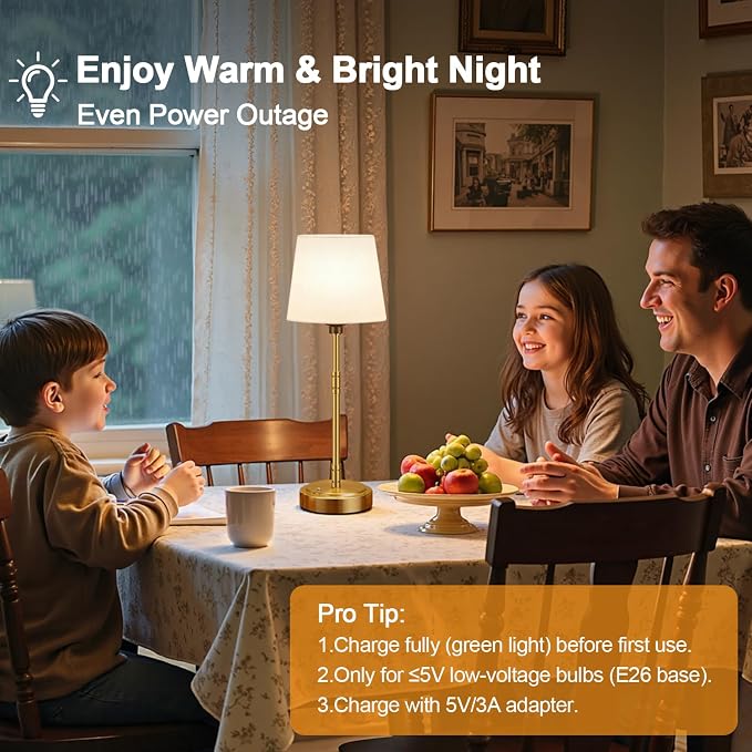 Cordless Table Lamps Set of 2 – Battery Operated Lamp with 7500mAh Rechargeable Battery, Stepless Dimmable Vintage Brushed Gold Desk Wireless Lamps for Dining Room, Nightstand & Patio (Bulbs Included) - Image 6