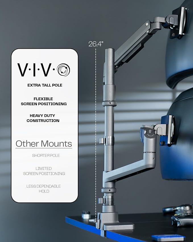 VIVO Pneumatic Arm Dual Ultrawide Monitor Extra Tall Desk Mount for Up to 49 inch Screens, Heavy Duty Clamp, Holds 2 Ultra Wides Up to 44 lbs, Black, STAND-V120K - Image 3
