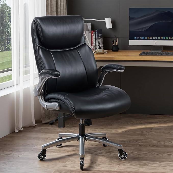 MALOL Ergonomic High-Back Executive Office Chairs, Heavy Duty Home Computer Chair with Lumbar Support, Flip-Up Arms, and PU Leather Upholstery, Black by MALOL