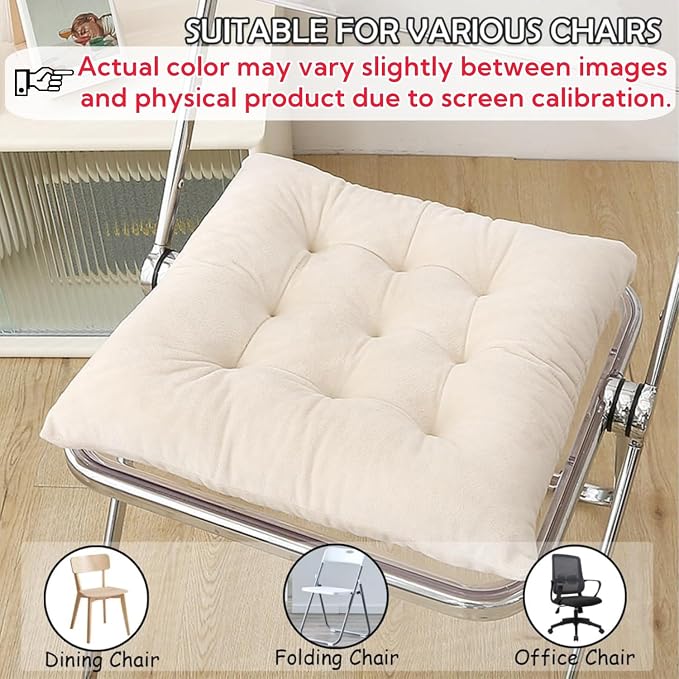 2 Pack Square Seat Cushion Chair Pads for Kitchen Dining Chairs, Soft Comfort Velvet Chair Mat Pillow Cushions with Ties for Office Desk Living Room Tatami 15.5", Ivory - Image 5