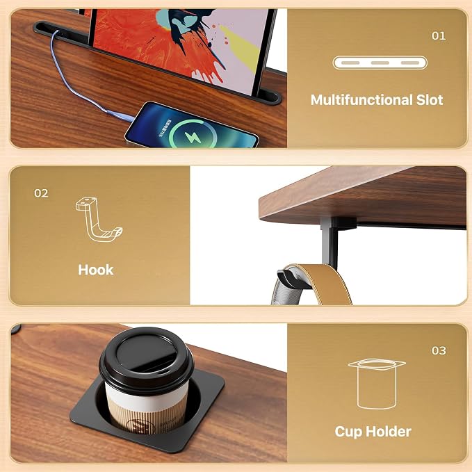 28 inch Small Mobile Standing Desk Height Adjustable with Wheels | Rolling Laptop Rising Cart with Cup Holder, Portable Computer Workstation with Hook and Slots on 4 Lockable Casters, Walnut - Image 4