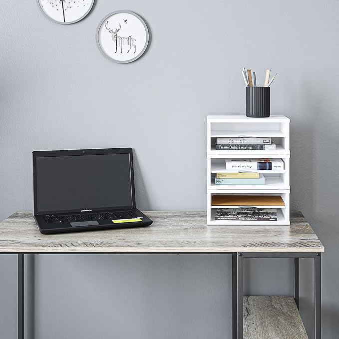 Ballucci File Organizer, 2-Tier Document Paper Sorter, Stackable Wood Desk Organizer Mail Holder, Monitor Stand with Storage Shelves, White - Image 8