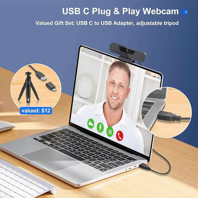 ToLuLu 4K Auto Focus Webcam for PC, 4 AI Noise-Canceling Mics UHD Web cam | Auto Light Correction, 85°FOV Computer Web Camera, USB Plug&Play Webcam with Tripod & Privacy Cover Works w/Zoom/Skype/Google - Image 6