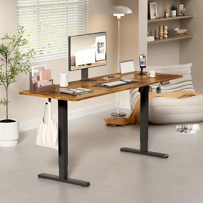 YESHOMY Height Adjustable Electric Standing Desk, 63 x 24 Inches Memory Home Office Sit Stand up Desk with Phone Holder and USB Charging Port, Rustic Brown - Image 2