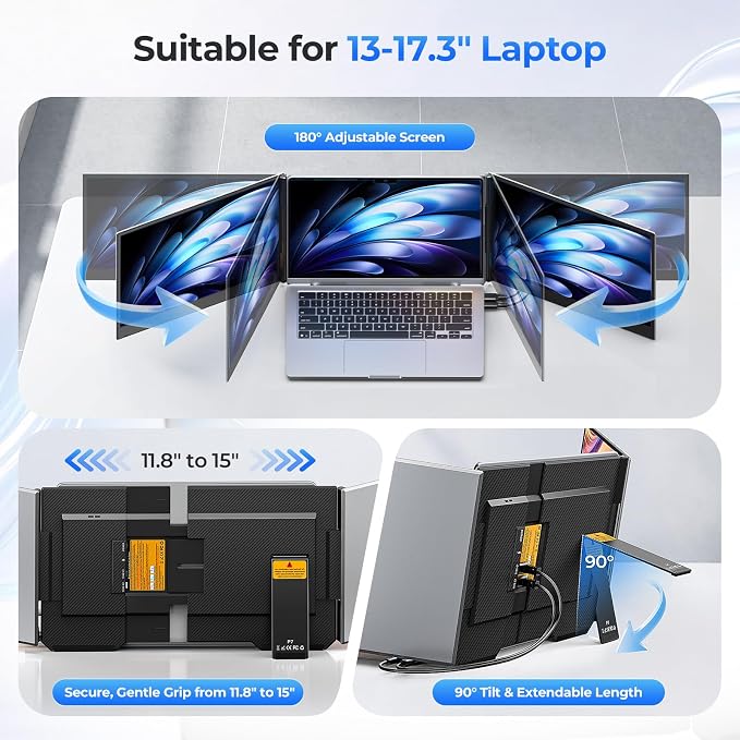 15.6" Laptop Screen Extender, Dual 1080P FHD IPS Portable Monitor for 13-17.3" Laptops, Plug and Play Triple Screen with USB-C HDMI, 300 Nits, 100% sRGB, Built-in Speakers for Work, Travel, Gaming - Image 7