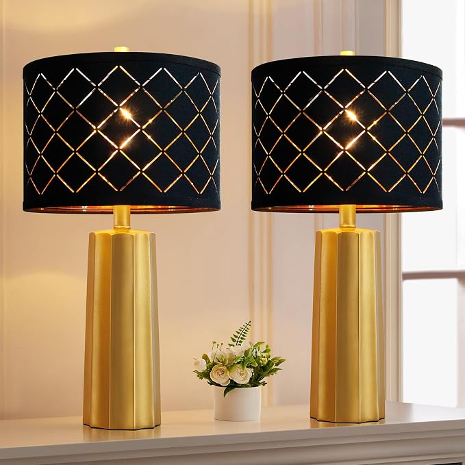 Set of 2 Modern Table Lamps for Living Room Bedroom, Gold Nightstand Resin Lamps with Black Grid Shade, Contemporary Desk Lamps for Bedside End Tables, 2 Bulbs Included (Gold) - Image 7