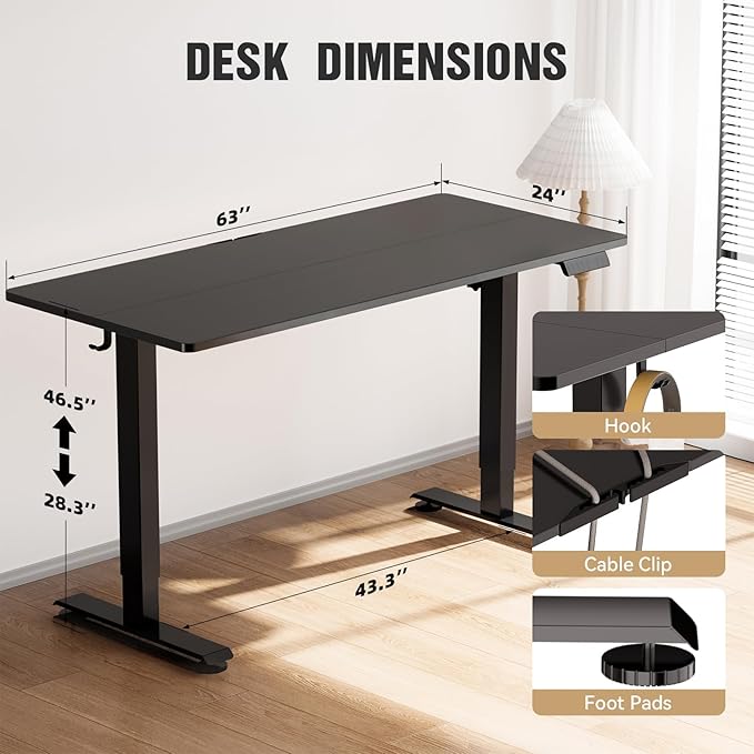 Veken 63 Inch Electric Standing Desk, Adjustable Height Office Desk with Wood Desktop, Computer Table for Home Work, Study and Gaming, Small Spaces, Modern Furniture, Black - Image 2