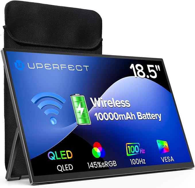 UPERFECT 18.5" 1080P 100Hz Wireless Portable Monitor with Battery 10000mAh | 145% sRGB QLED Gaming Monitor with Stand, Bag & VESA, Large Second Screen for Laptop, Computer, Phone, Game Consoles by UPERFECT