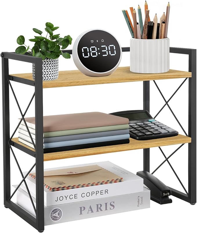 YINMIT Desktop Shelf Organizer, 2 Tier Office Shelves, Wood Desk Organizer Storage Rack and Freestanding Display Shelf for Office, Dormitory, Home (Black Wood) by YINMIT
