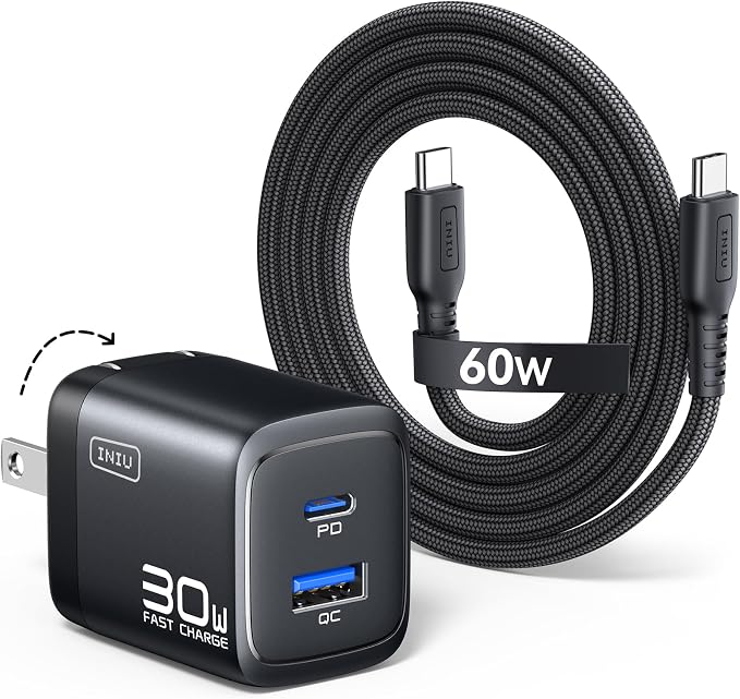 INIU Mini USB C Charger, 30W GaN Fast Charging ETL Certified Wall Adapter Block with Smart Phone Protection, Dual Port with 5ft Type C Cable for iPhone 17 iPad Samsung Google Switch etc [1-Pack Black] by INIU