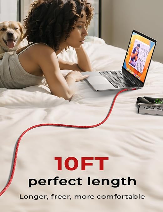 AINOPE 240W High Speed USB C Cable [10ft] USBC to USBC Cable, Right Angle C to C Cable Fast Charging Compatible with iPhone 16 Charger Cord, iPad Pro,MacBook Air 2024 M4,Samsung Galaxy S24, Red - Image 7