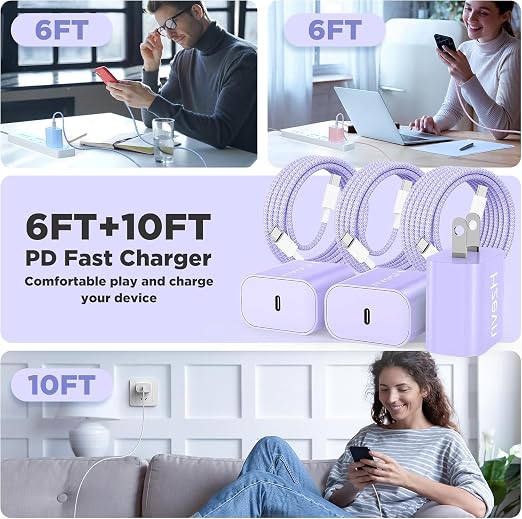 Hzevn 20W USB C Fast Charging for iPhone 17 Air/16/15 Pro Max,3Pack Colorful Mixed Charger Block with Braided Long USB C to C Cables (6/6ft) Compatible with iPhone16/15 Pro/15 Plus/iPad Pro - Image 6
