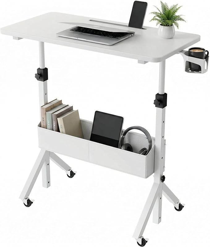 HUANUO Mobile Standing Desk with Wheels and Storage Basket, Height Adjustable 28.7"-46.1" Rolling Desk for Walking Pad, Small Space Laptop Computer Workstation for Home Office,White by HUANUO
