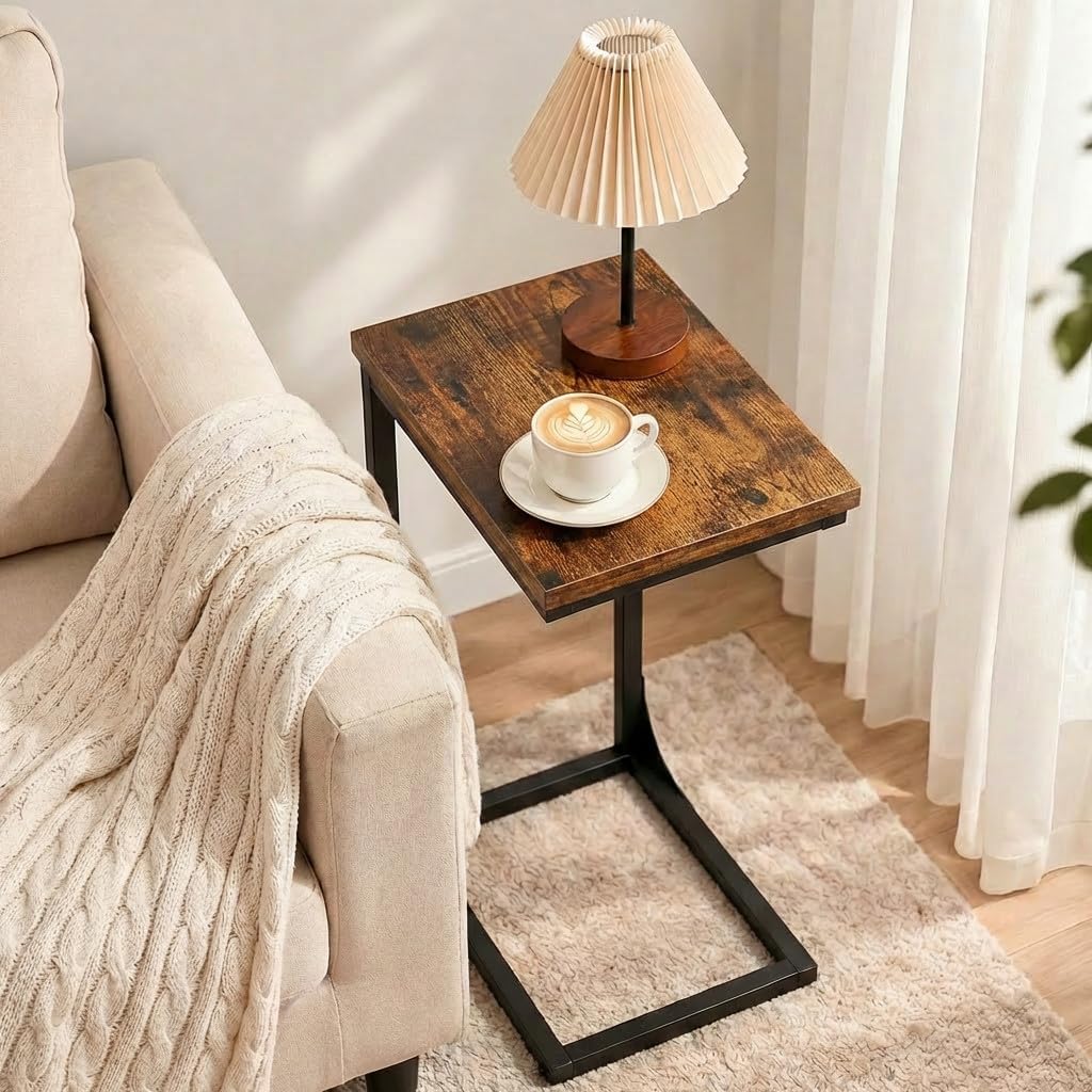 TEMI C Shaped End Table for Couch with Charging Station, Small Side Table TV Tray for Eating or Laptop, Accent Desk for Sofa or Chair, Space Saving Living Room Bedroom, Rustic Brown - Image 5