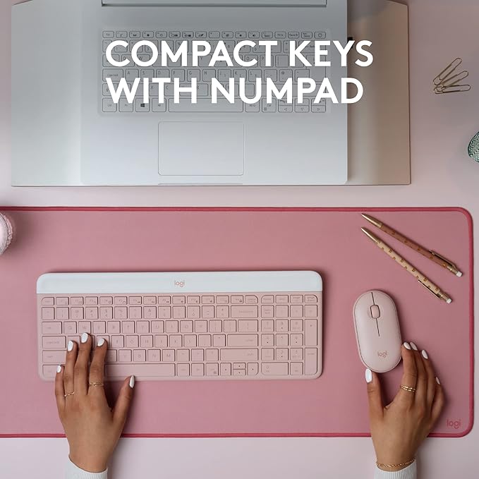Logitech MK470 Slim Compact Wireless Keyboard and Mouse Combo - Rose | Compact low-profile quiet keyboard with number pad, slim ambidextrous quiet mouse with 3 non-customizable buttons, Windows PC - Image 2