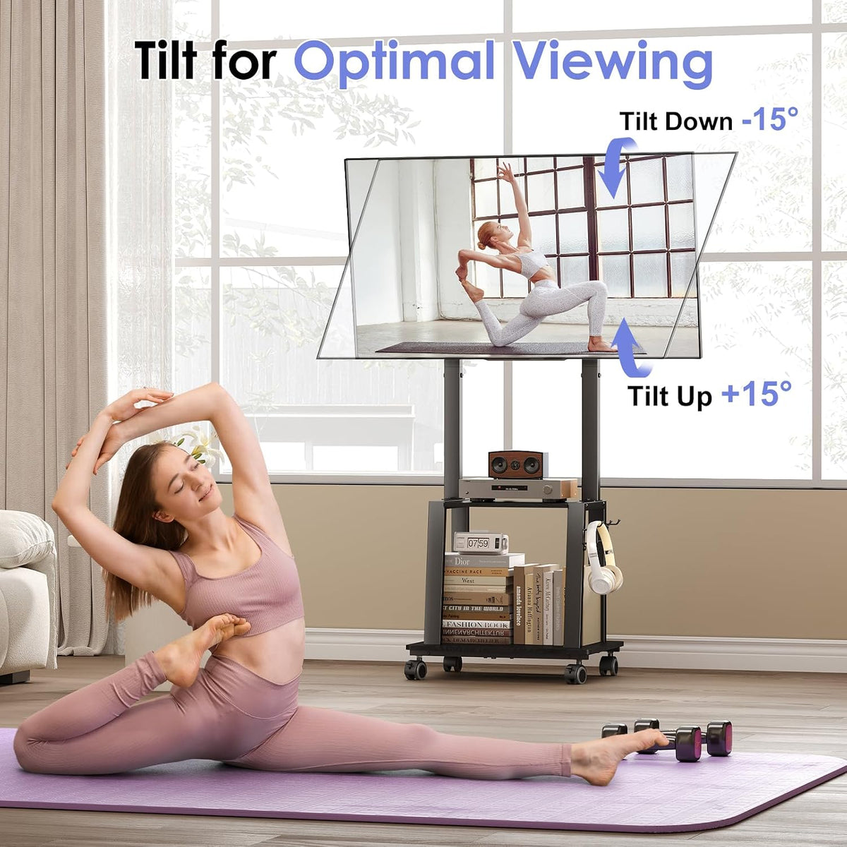 Rolling TV Stand on Wheels for 23-60Inch Flat/Curved Screen TVs,Tilt Mobile TV Cart with 2 Shelves,Portable TV Stand with Adjustable Height Holds up to 50lbs for Indoor Outdoor Max VESA 400x400mm - Image 3