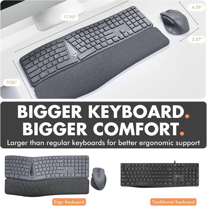 X9 Gray Ergonomic Keyboard and Mouse Wireless Combo - Split Keyboard and Mouse Set, Bluetooth/2.4G, Soft Wrist Rest, Rechargeable, Silent Keys, Multi-Device for Laptop, PC, Mac, iOS, Android - Image 6