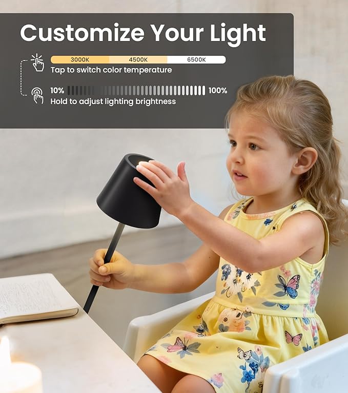 Cordless Table Lamp, Portable Battery Operated Lamp with 3 Color Temps and Stepless Dimming, Rechargeable Table Lamp for Dinner, Desk, Cafe, Outdoor (Black) - Image 3