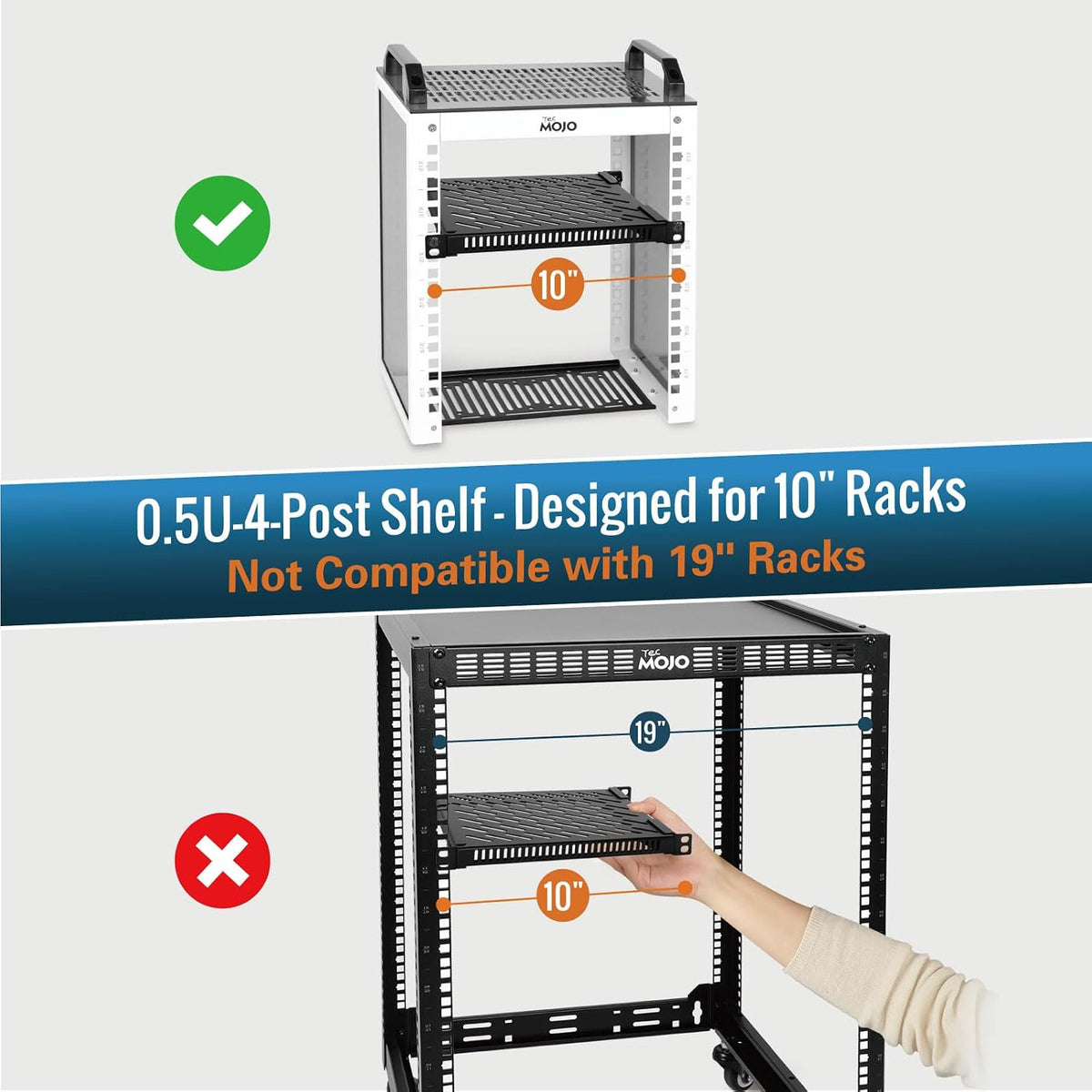 Tecmojo 0.5U Rack Shelf for 10" Server Rack & Cabinet, Adjustable 7.87-10.24" Depth, Vented Metal Tray, Heavy Duty Support up to 66 lbs, Enhanced Ventilation, Black - Image 2