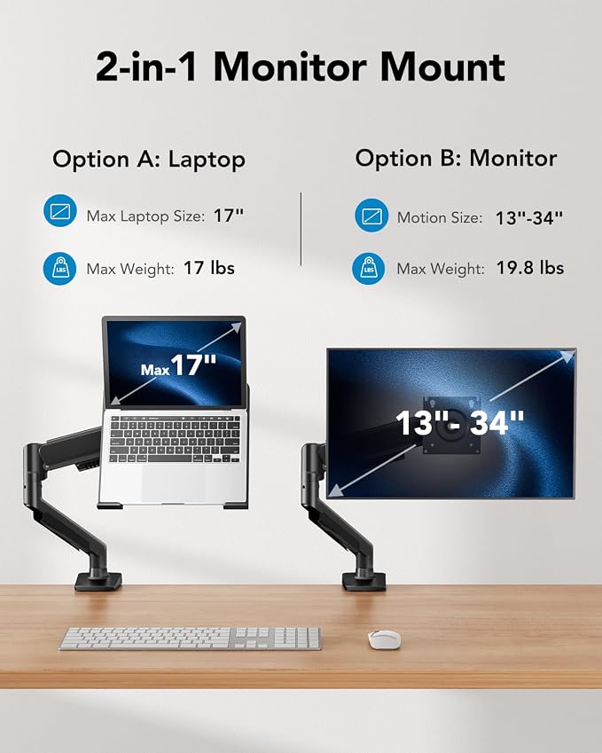 HUANUO 2 in 1 Function Laptop Mount with Tray, Fits 13-34″ Monitors & Up to 17″ Notebook, Ergonomic Laptop Arm with Full Motion Adjustment, Laptop Stand for Desk, VESA 75x75mm/100x100mm - Image 2