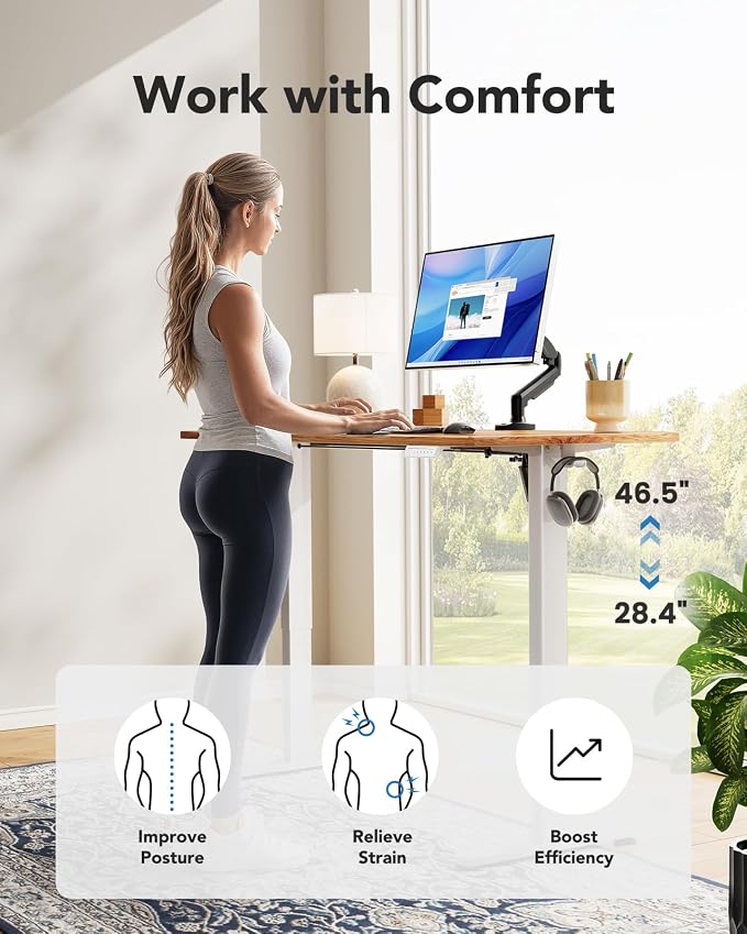 HUANUO Electric Standing Desk, Whole Piece Desktop, Adjustable Height Computer Desk, 4 Height Memory Settings, Sit Stand Up Desk for Home Office, 48" x 24", Light Vintage - Image 6