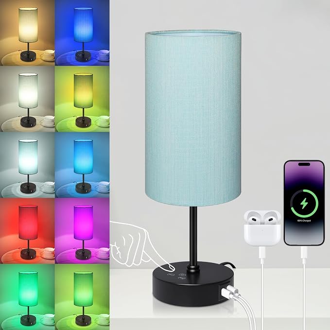 Table Lamp for Bedroom, 3 Color Temperatures, 7 RGB Colors, Adjustable Brightness, Dual USB Charging Ports, Ambience Nightstand Light with Blue Shade, Desk Lamp for Kids Reading Home Office by Unicozin