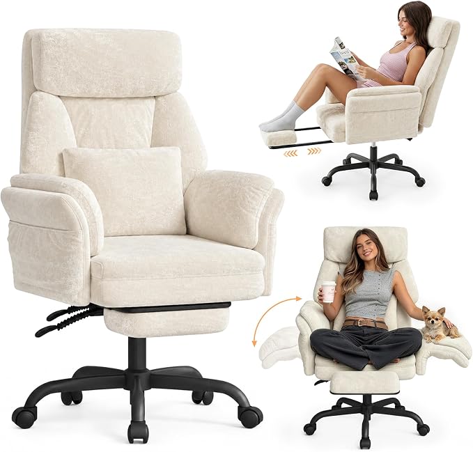 C57 Ergonomic Reclining Office Chair with Footrest, Velvet Desk Chair with 6-Stage Adjustable Wing Armrests for Cross Legged Sitting, Pet Friendly High Back Lounge Gaming Chair for Home Office by ELABEST