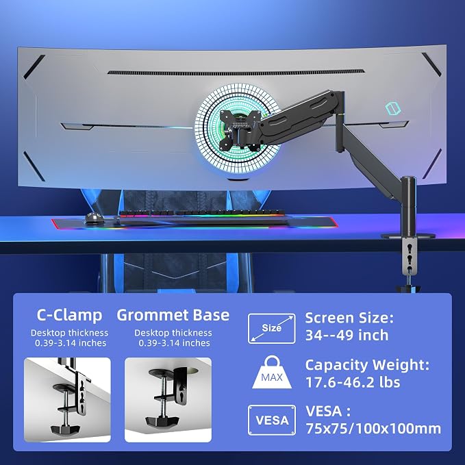 Pholiten Heavy Duty Monitor Arm for up to 49 inches | Ultrawide Monitor Mount, Adjustable Gas Spring Arm, Clamp/Grommet Mounting Base - Image 2