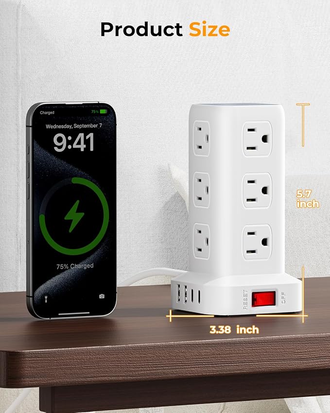 Power Strip with 12 Outlets 4 USB (1 USB C), 6.5Feet Extension Cord with Multiple Outlets, Charging Station, Power Strip Tower, Home Office Desk Supplies - Image 7