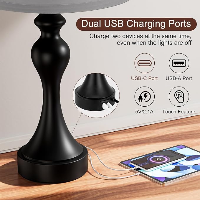 Touch Lamps for Nightstand, 3 Way Dimmable Bedside Lamps with USB C+A Ports | Touch Control, LED Bulb Included, Small Black Table Lamp for Bedroom, Night Stands, End Table, Gift，Corded，Grey Shade - Image 3