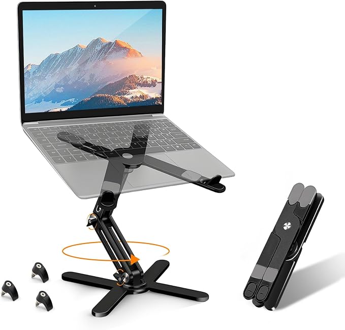 N86 360 Rotating Laptop Stand for Desk with Locking Knobs, Black | Aluminum Ergonomic Riser Adjustable Height & Angle for Collaborative Work. Foldable Portable Fits MacBook & Laptops up to 16" by Moallia