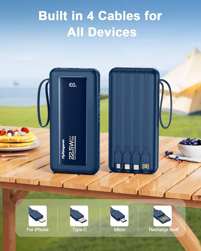 Portable Charger 10000mAh 22.5W Power Bank | Built in 4 Cables, Slim, Fast Charging, USB C LED Display, 6 Outputs & 2 Inputs, Flashlight - Image 3