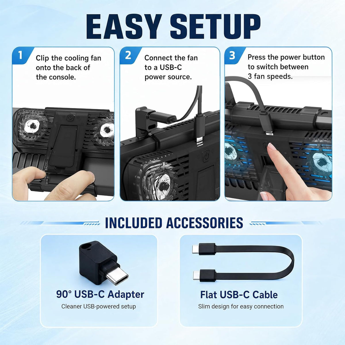 Steam Deck Cooling Fan with Stand, Dual Fan Cooler for Steam Deck, Adjustable Speed USB-Powered Cooler with Blue LED, Portable Cooling Stand for Handheld Gaming - Image 8