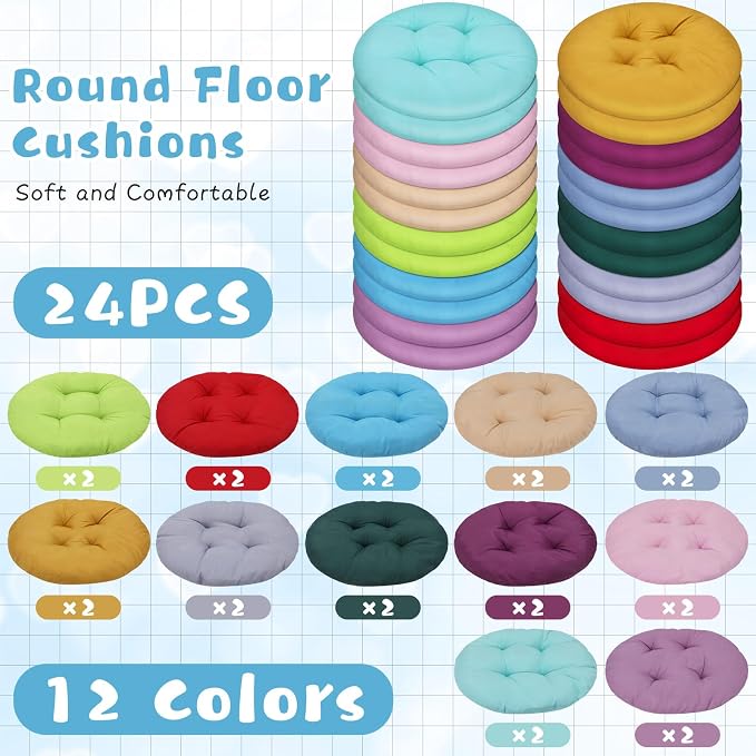 Tinideya 24 Pcs Floor Cushions Classroom,Small 11.8 Inch,Multi Color | Round Meditation Pillows for Adults Kids, Flexible Seating Nursery Living Room Yoga, Soft Padded Chair Cushion - Image 4