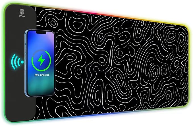 ToLuLu RGB Wireless Charging Gaming Mouse Pad, 7.5/10/15W 10 Light Modes LED Mouse Pad Computer Keyboard Mat Mousepad, 800x300x4MM Extended Large Desk Pad for Gamer, Black and White Abstract Lines by ToLuLu